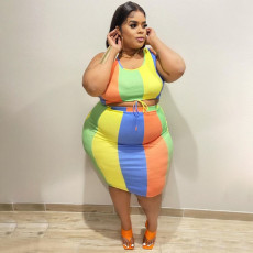 Plus Size Colorful Print Sleeveless 2 Piece Skirt Sets NNWF-7496