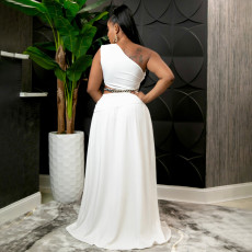Plus Size One Shoulder High Split Skirt 2 Piece Sets (Without Chain)NNWF-7480
