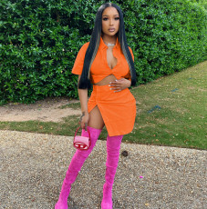 Solid Buttons Crop Top+Split Mini Skirt 2 Piece Sets HMS-5547