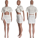 Solid Buttons Crop Top+Split Mini Skirt 2 Piece Sets HMS-5547