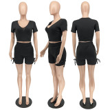 Solid Color Casual V-Neck Short Sleeve Shorts 2 Piece Set WSYF-5935