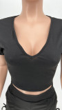 Solid Color Casual V-Neck Short Sleeve Shorts 2 Piece Set WSYF-5935
