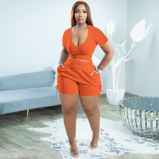 Solid Color Casual V-Neck Short Sleeve Shorts 2 Piece Set WSYF-5935