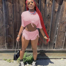Solid Color Split Lace Up Short Sleeve Shorts Two Piece Sets MEM-88441