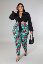Plus Size Long Sleeve Shirt+Printed Pants 2 Piece Sets OSM-5304