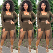 Solid Ribbed Tank Top+Long Sleeve Cloak+Shorts 3 Piece Sets NY-8999