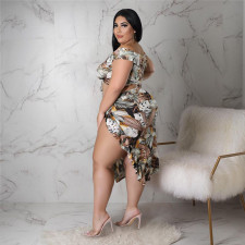Plus Size Floral Print Crop Top Split Skirt 2 Piece Sets ASL-7081