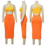 Contrast One Shoulder Top And Midi Skirt 2 Piece Sets YF-K10129