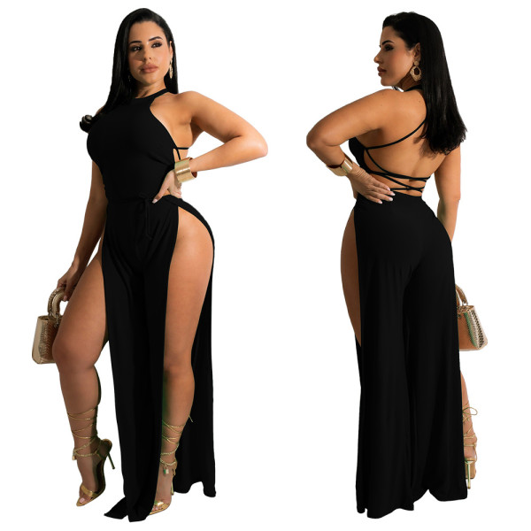 Sleeveless Lace Up Sexy Backless Slit Jumpsuit YF-K10093