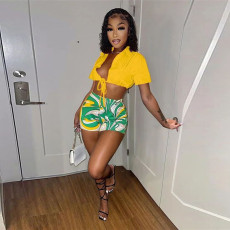 Sexy Crop Top+Printed Shorts 2 Piece Sets MEM-88443