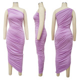 Sexy Solid Color Sloping Shoulder Ruched Slim Dress YF-K10139