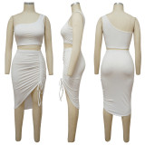Solid One Shoulder Smocked Skirts Two Piece Sets YF-K10066