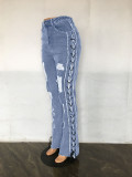 Plus Size Denim Ripped Hole Lace-Up Jeans Pants LX-5522