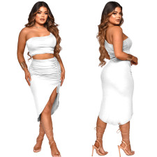 Solid One Shoulder Smocked Skirts Two Piece Sets YF-K10066