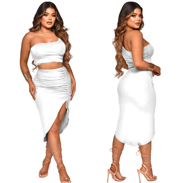 Solid One Shoulder Smocked Skirts Two Piece Sets YF-K10066
