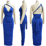 Solid Color Sexy Backless Ruched Maxi Dress YF-10056