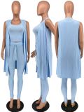 Plus Size Solid Ribbed Tank+Sleeveless Coat+Pants 3 Piece Sets YH-5268