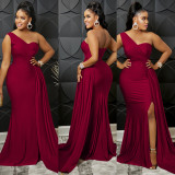 Solid One Shoulder Split Maxi Evening Dress BY-5819