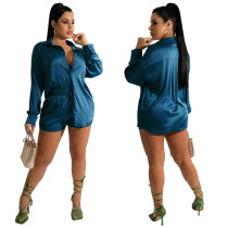 Casual Solid Color Long Sleeve Shirt Shorts Two Piece Sets YF-10086