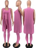 Plus Size Solid Ribbed Tank+Sleeveless Coat+Pants 3 Piece Sets YH-5268