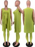 Plus Size Solid Ribbed Tank+Sleeveless Coat+Pants 3 Piece Sets YH-5268