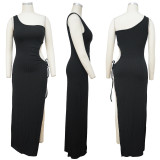 Solid Color One Shoulder Slit Sexy Maxi Dress YF-9881