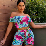 Floral Print Slash Neck Two Piece Shorts Sets OLYF-6099