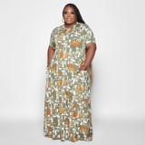 Plus Size Casual Loose Print Short Sleeve Maxi Dress OSIF-22355