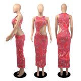 Sexy Printed Hollow Out Sleeveless Maxi Dress YIBF-60164