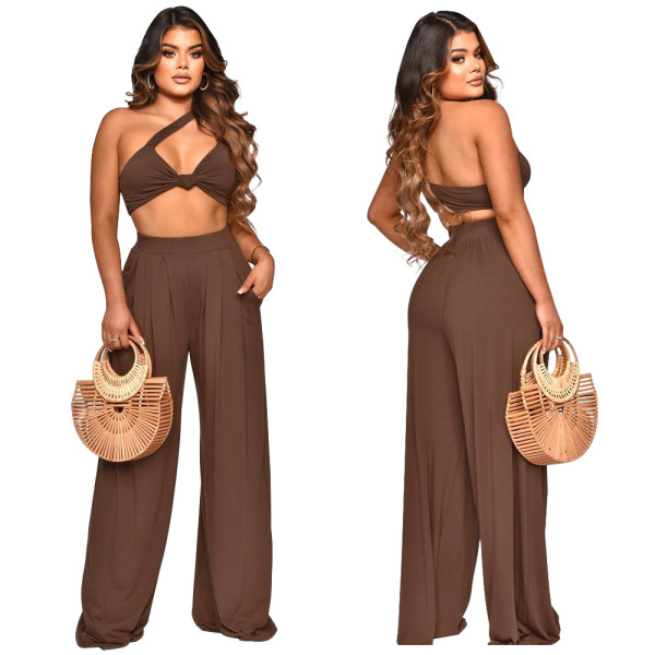 Solid Crop Top Wide Leg Pants Two Piece Sets YF-10157