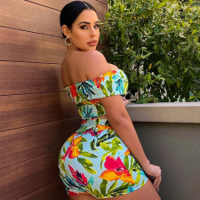 Floral Print Slash Neck Two Piece Shorts Sets OLYF-6099