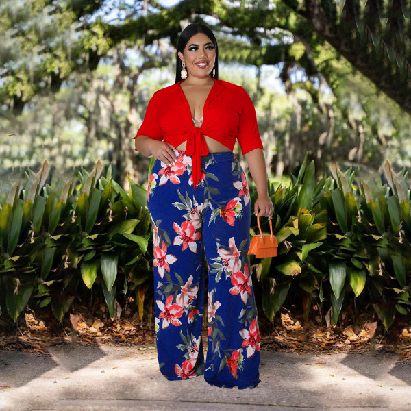 Plus Size Crop Top+Printed Pants 2 Piece Sets NNWF-7579