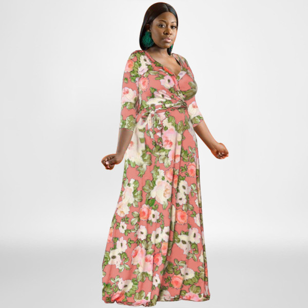 Plus Size Floral Print V Neck 3/4 Sleeve Sashes Maxi Dress OSIF-22421