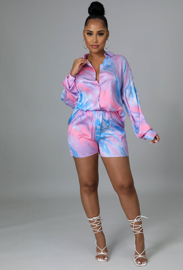 Casual Printed Long Sleeve Two Piece Shorts Sets XHXF-8631