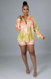 Casual Printed Long Sleeve Two Piece Shorts Sets XHXF-8631