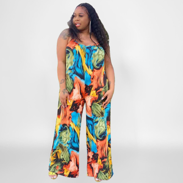 Plus Size Printed Sleeveless Sling Jumpsuit OSIF-22402