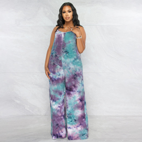 Plus Size Tie Dye Print Sling Loose Jumpsuit OSIF-22403