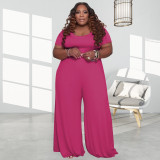 Plus Size Solid Short Sleeve Jumpsuit OSIF-20722
