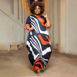 Plus Size Printed Short Sleeve Pockets Loose Maxi Dress NNWF-7514