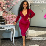 Sexy Velvet V Neck Long Sleeve Midi Dress YF-10186