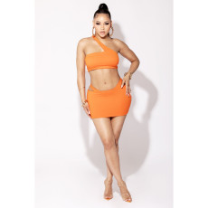 Sexy One Shoulder Crop Top Hollow Mini Skirt 2 Piece Sets YIBF-60175