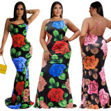 Plus Size Flower Print Cross Strap Maxi Dress OSIF-22259