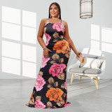 Plus Size Flower Print Cross Strap Maxi Dress OSIF-22259