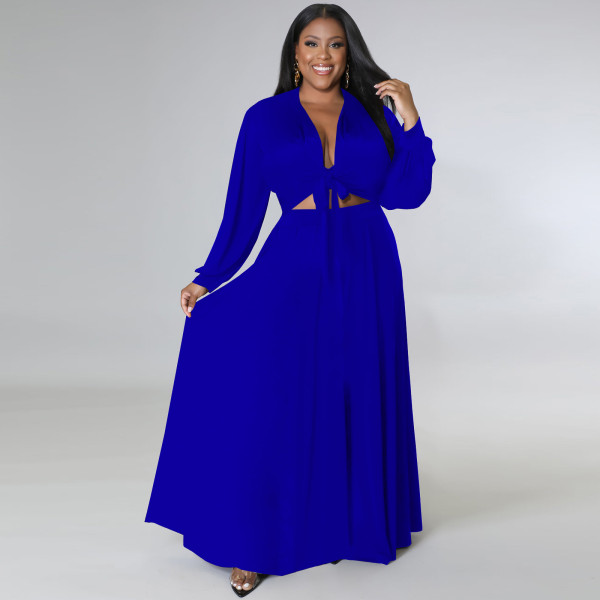 Plus Size Solid Long Sleeve Big Swing Maxi Skirt 2 Piece Sets TE-4461