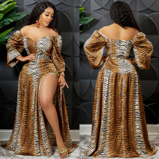Sexy Printed V Neck Long Sleeve Split Sashes Maxi Dress BY-5889