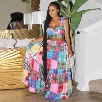 Colorful Plaid Print Cami Top+Big Swing Maxi Skirt 2 Piece Sets ZSD-0491