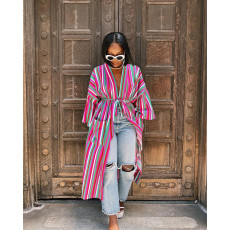 Casual Striped Long Sleeve Sashes Long Coat ASL-6593