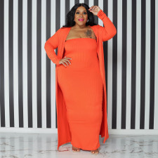Plus Size Solid Strapless Maxi Dress+Long Cloak 2 Piece Sets NNWF-7575