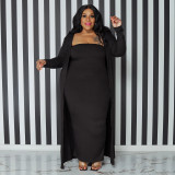 Plus Size Solid Strapless Maxi Dress+Long Cloak 2 Piece Sets NNWF-7575