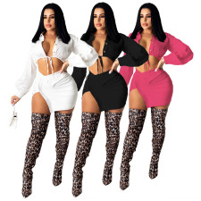 Sexy Long Sleeve Cropped Shirt Mini Skirt 2 Piece Sets HNIF-037